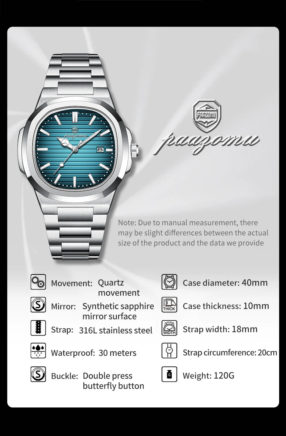 PAAZOMU Luxury Watch Stainless Steel Square