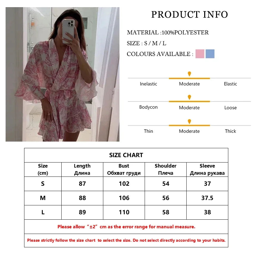 Casual Loose Print Women's Dress  Fashion V-Neck Long Sleeve Mini Dresses Elegant.Vestido elegante con volantes