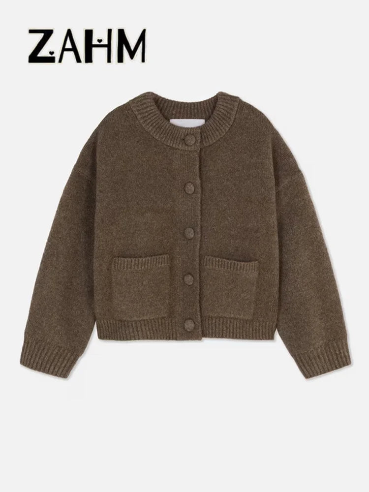 Elegant Knit Solid Lady Jacket 2025 Autumn Female Knitwear, Suéter Oversize con Bolsillos y Botones elegantes