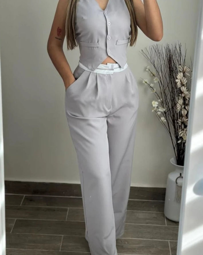 Elegant V-Neck Buttoned Vest Top & Pocket Design Pants Set Womens Two Piece Sets Outfit .Conjunto de 2 piezas pantalón y chaleco