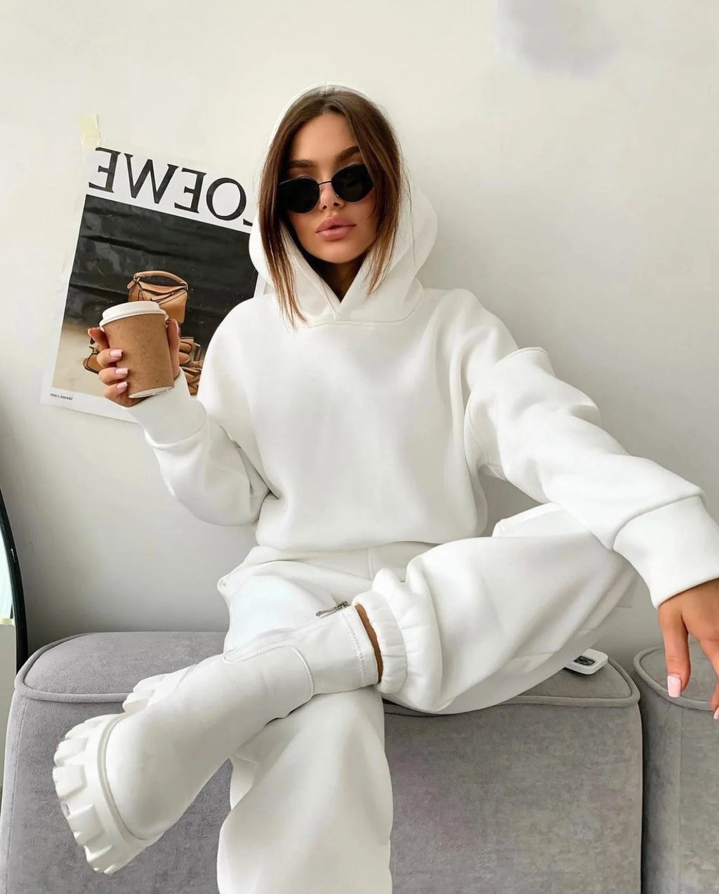 Pullover Hooded Tracksuit Women Two Pieces Pant Sets Sweatshirts Pockets Pants Suit Thick Elastic Waist Spliced Sporty Autumn