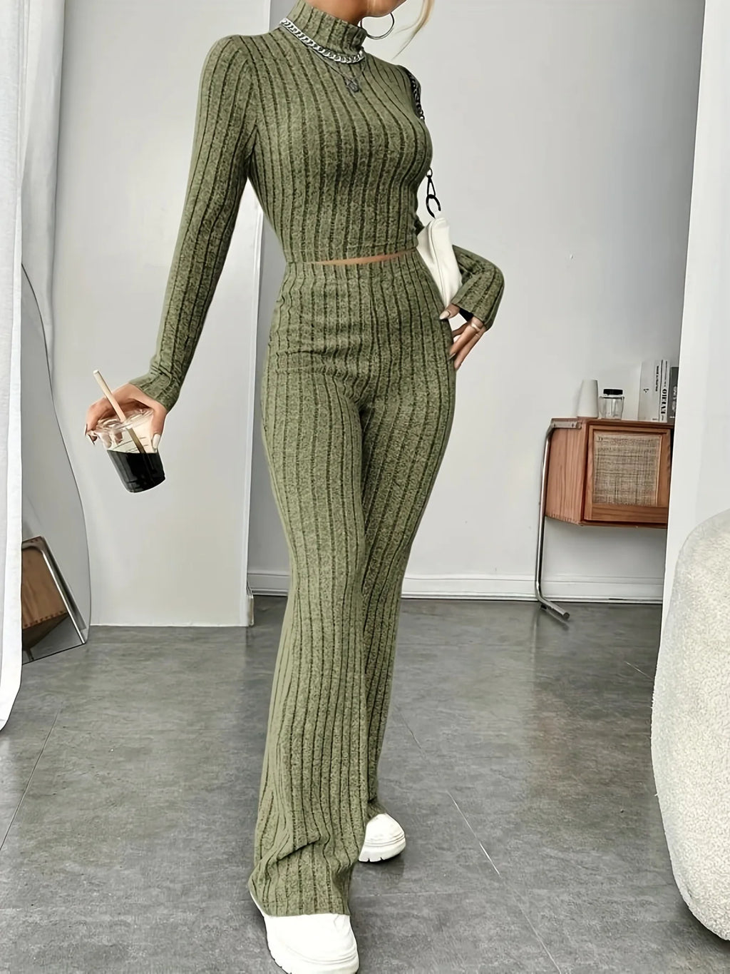 Women's Solid Color Knit Suit Spring Summer Stand Collar Striped Long Sleeve Pullover Top And Pants Streetwear Two Piece Set