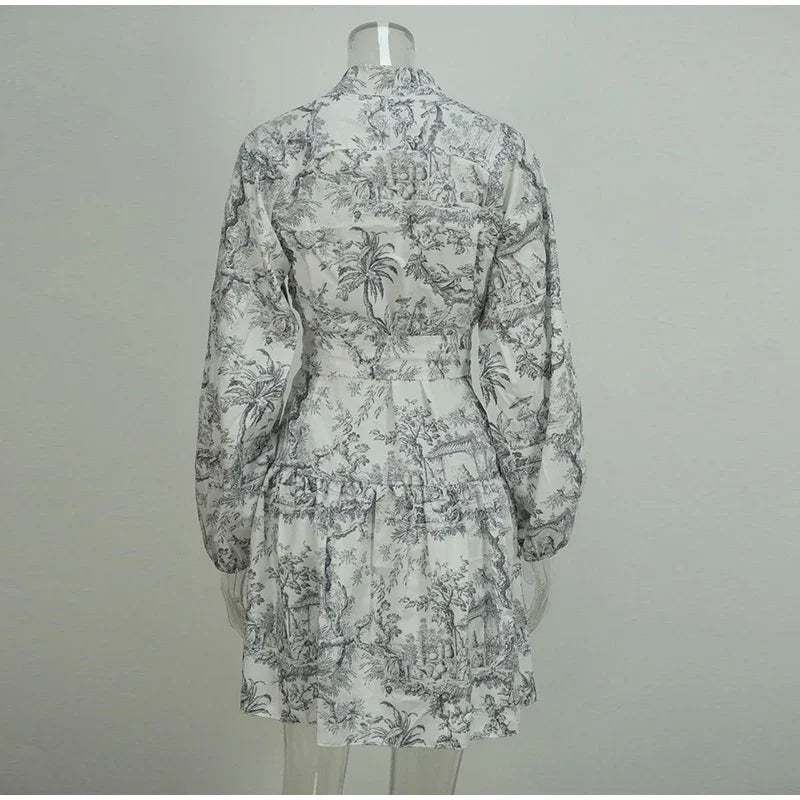 Printed Pearl Single Breasted Belts Pleated Dress . Vestido casual ,elegante y romántico