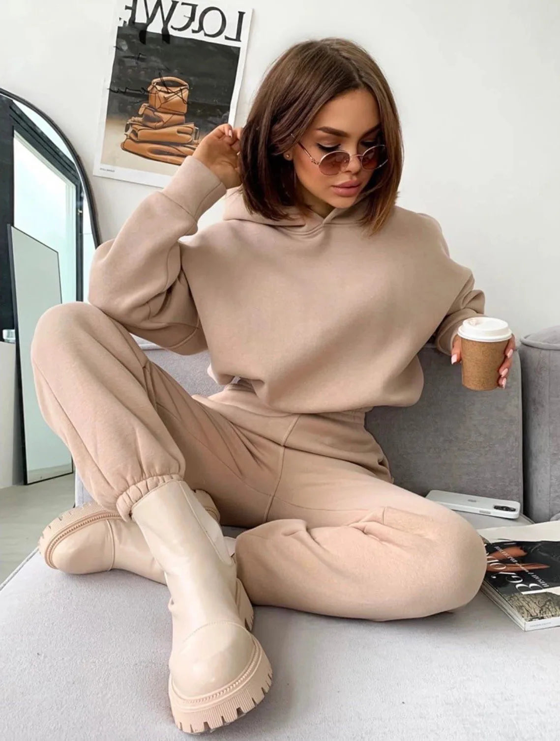 Pullover Hooded Tracksuit Women Two Pieces Pant Sets Sweatshirts Pockets Pants Suit Thick Elastic Waist Spliced Sporty Autumn