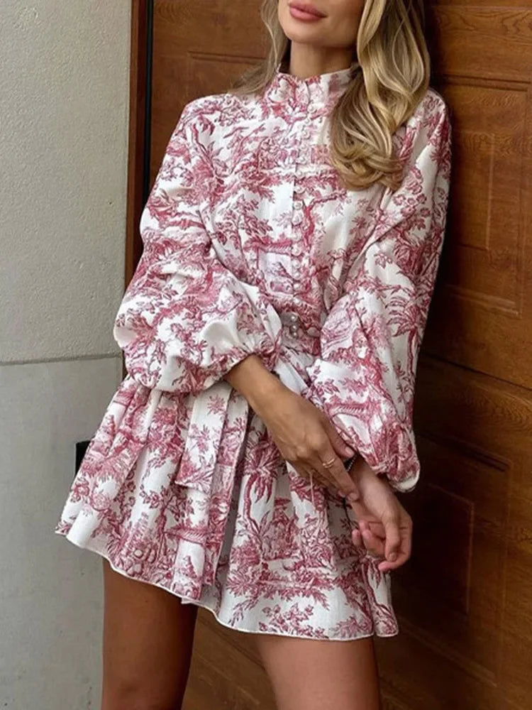 Printed Pearl Single Breasted Belts Pleated Dress . Vestido casual ,elegante y romántico