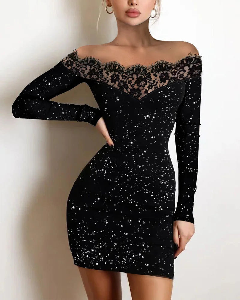 Dress Women Sexy Sheath Dresses Lace Hollow Out Sequins Sleeveless Slash Neck. Vestido elegante ceñido al cuerpo con brillos