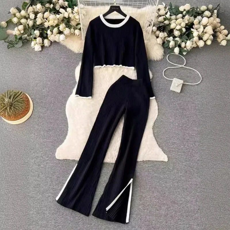 Autumn Winter 2 Pieces Women's Oufit Sets Knitted Tracksuit O-Neck Sweater and Wide Leg Jogging Pants Female Suits