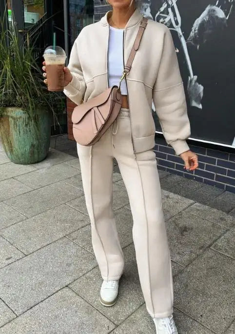 Solid Color Round Neck Zipper Front Loose Jacket and Lace Up High Waisted Straight Leg Pants Set, Autumn Women's Sports Set