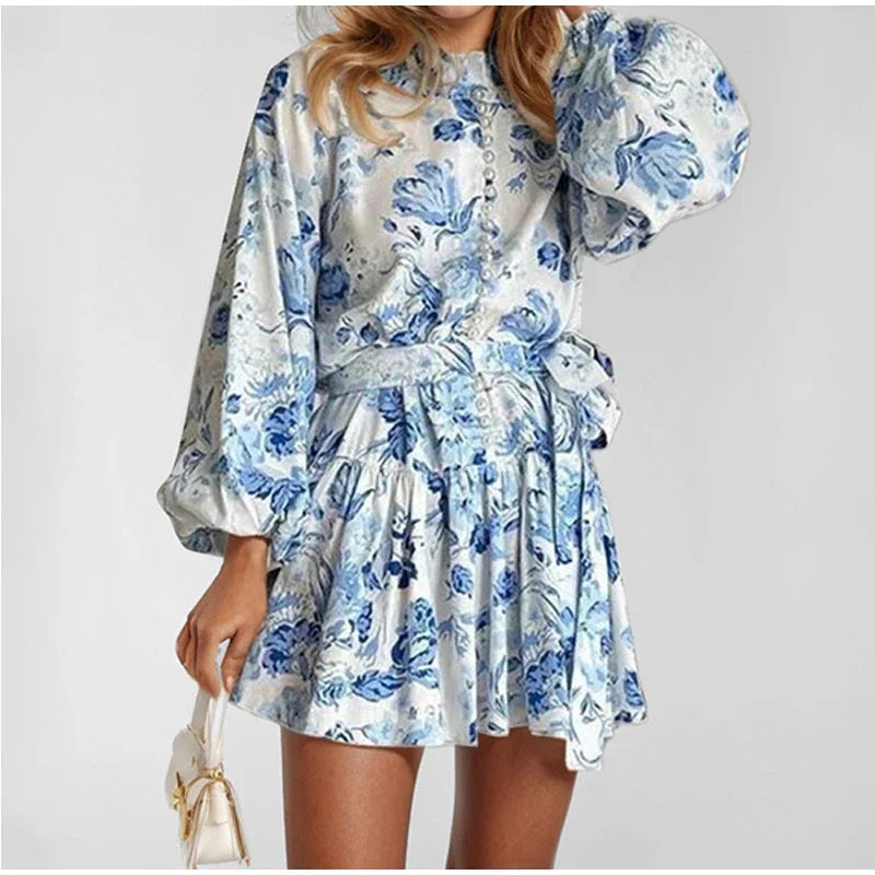 Printed Pearl Single Breasted Belts Pleated Dress . Vestido casual ,elegante y romántico