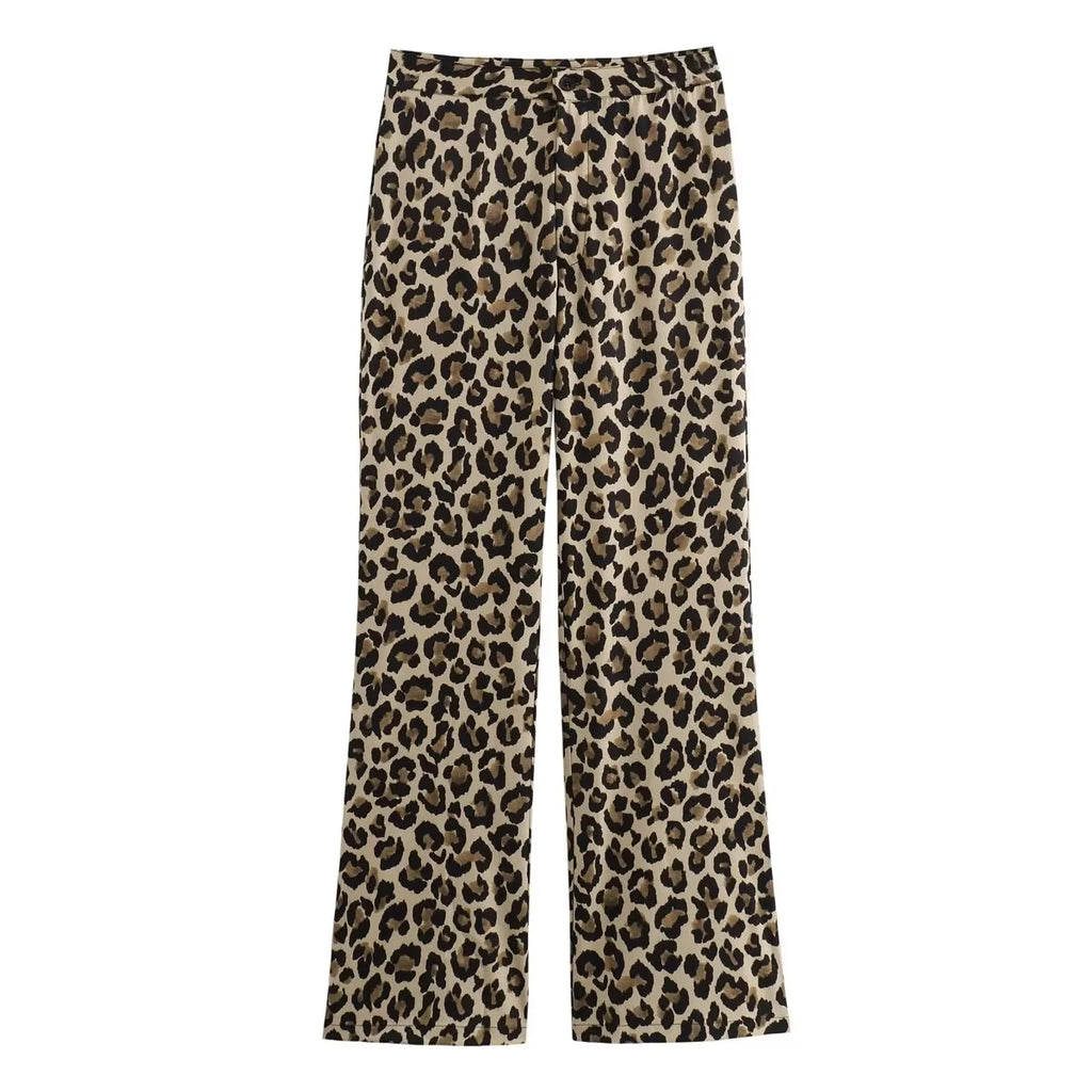 TRAF Vintage Leopard Pants Women High Waist Animal Print