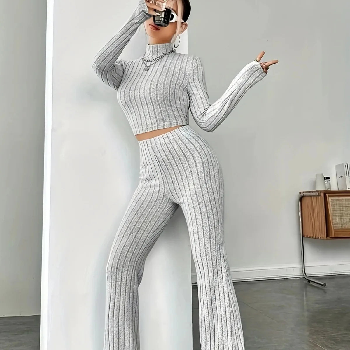 Women's Solid Color Knit Suit Spring Summer Stand Collar Striped Long Sleeve Pullover Top And Pants Streetwear Two Piece Set