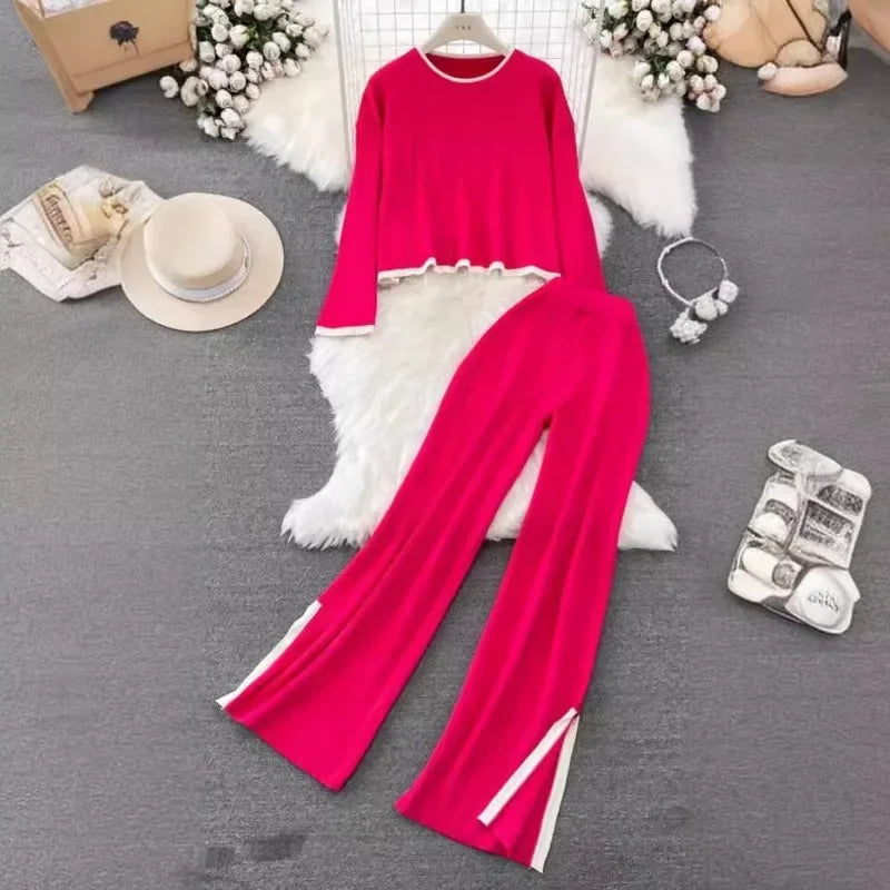 Autumn Winter 2 Pieces Women's Oufit Sets Knitted Tracksuit O-Neck Sweater and Wide Leg Jogging Pants Female Suits