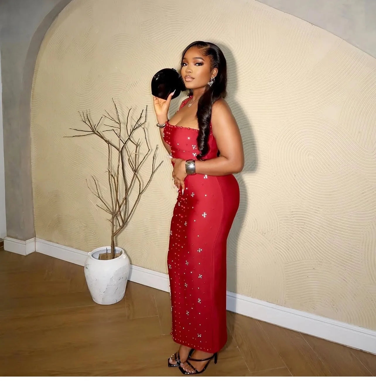 Elegant Party Evening Dresses ,Vestido Elegante de Navidad para mujer con volantes y adornos de strass