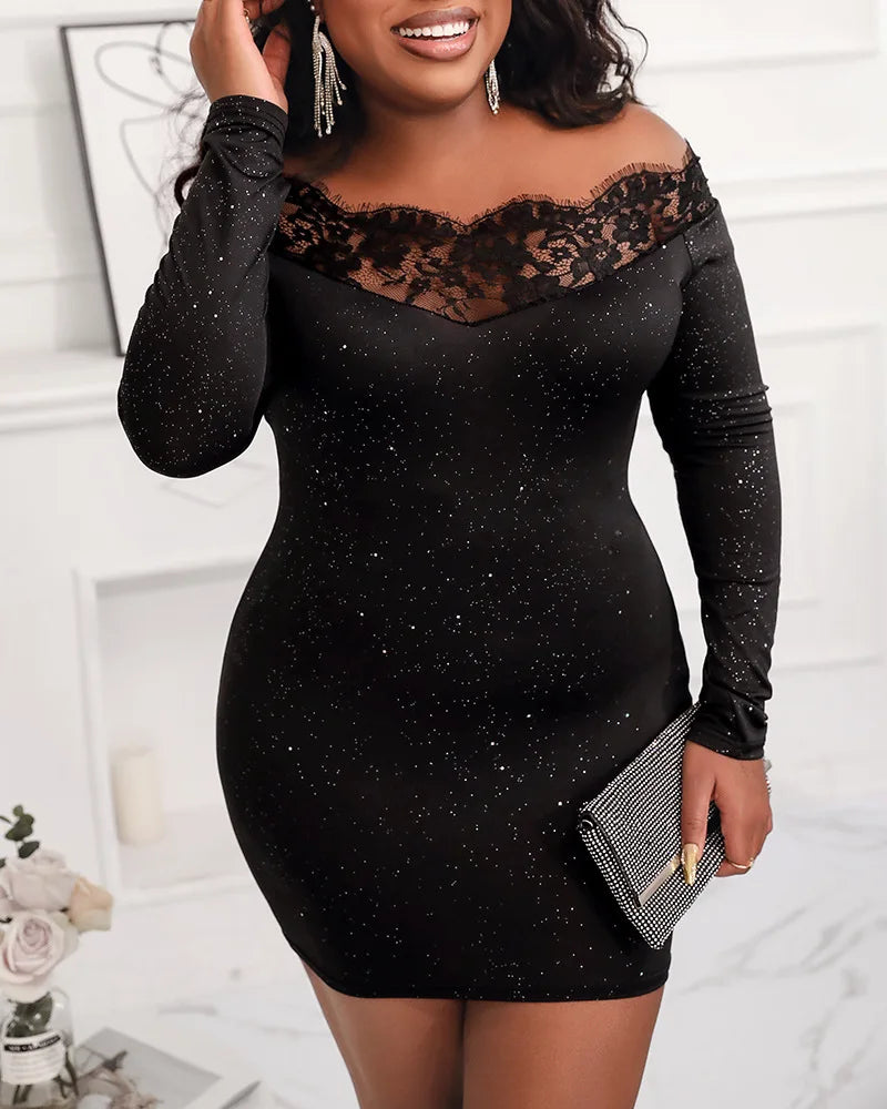 Dress Women Sexy Sheath Dresses Lace Hollow Out Sequins Sleeveless Slash Neck. Vestido elegante ceñido al cuerpo con brillos
